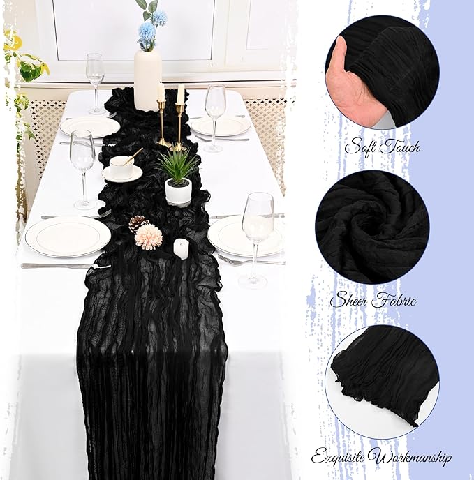 25 Pack Black Cheesecloth Table Runner 17 x 108 Inch Fall Thanksgiving Boho Rustic Farmhouse Gauze Cheese Cloth Runner for Wedding Party Baby Shower Home Decor Holiday Decorations
