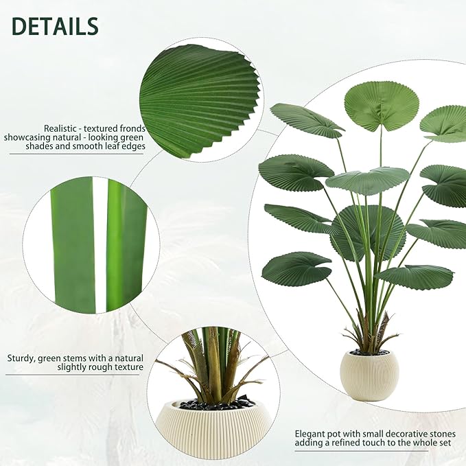 Artificial Palm Tree Faux Fan Palm Tree, 5FT Tall Tropical Areca Floor Plant in Pot Indoor and Outdoor Round Leaves Fake Plant for Home Bathroom Porch Outside Patio Decor