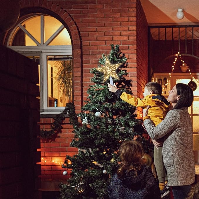 LAMPHOME 9" 10L Christmas Tree Topper,Star Tree Topper,5 Points Gold Glitter Star Tree Topper, Golden Chrome, Warm White