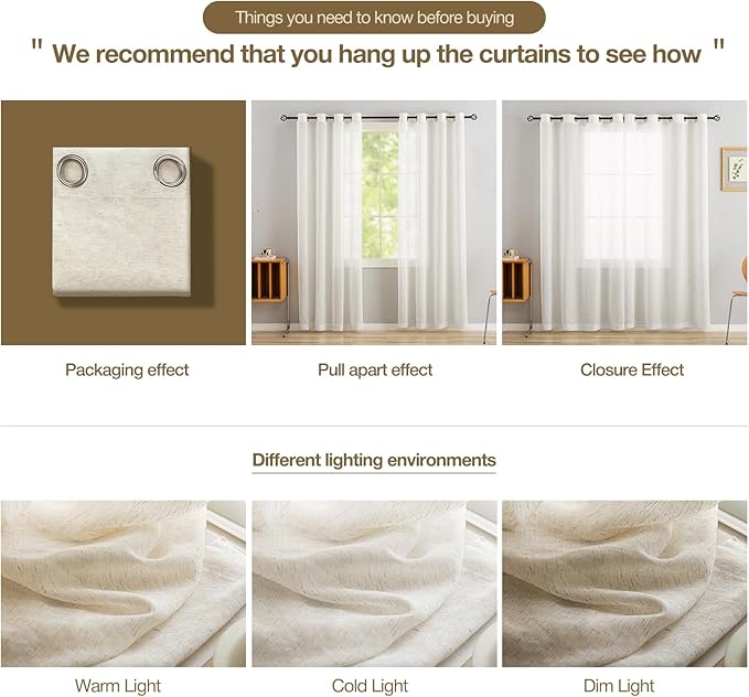 Anmao Flax Linen Curtains for Living Room 90 Inch Length 2 Panels Set, Light Filtering Sheer Window Curtain Drapes for Bedroom with Nickel Grommet, 52 Inch Wide Each Panel, Ivory Color