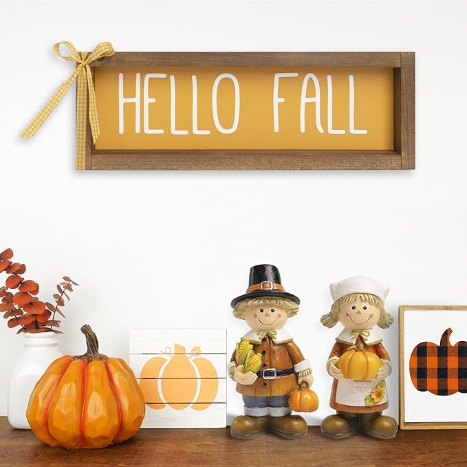 Hello Fall Sign, Wooden Fall Decorations for Home, Indoor Autumn Centerpieces for Tables Wall Shelf Desk Mantle Farmhouse House Decor