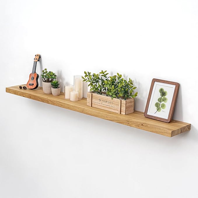 55 Inch Floating Shelves for Wall, Solid Elm Wood Wall Shelf for Home Decor, 8 Inch Deep Floating Shelf for Storage, 55 x 8 Wooden Shelves for Bathroom Living Room Kitchen, Natural Color, Set of 1
