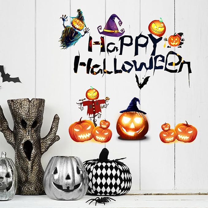 Happy Halloween Wall Decals – Removable Vinyl Stickers with Pumpkins, Witches, Bats & Scarecrow, Halloween Decorations for Home, Office, Shop Window, Party Wall Decor