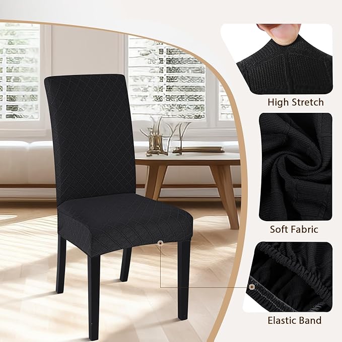 SearchI Dining Room Chair Covers Set of 6, Stretch Jacquard Parsons Chair Slipcovers Removable Washable Kitchen Chair Protector Cover for Dining Room, Hotel, Ceremony (Black Rhombus)