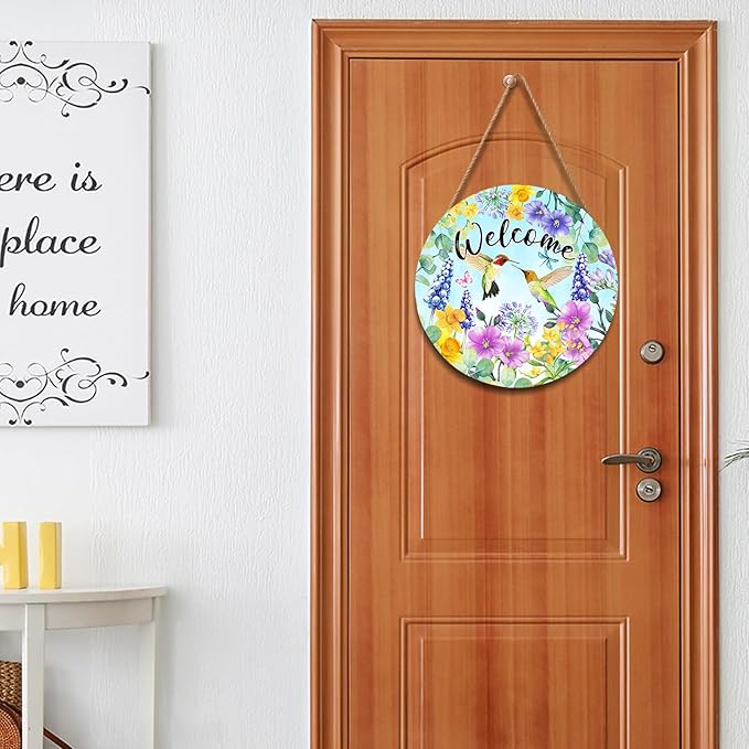 Welcome Spring Hummingbird Front Door Sign Decor 12"x12" Spring Floral Flowers Wood Door Hanger for Outdoor Outside Porch Seasonal Summer Farmhouse Wooden Wreath Wall Hanging Sign for Home Yard