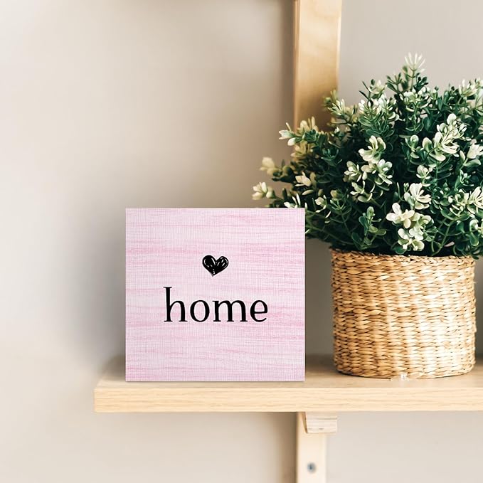 Home Sign, Home Signs for House Decor, Welcome Sign, Rustic Farmhouse Desk Decor Wood Block Box Plaque for Living Room Wall Shelf, Housewarming Gifts (Pink)
