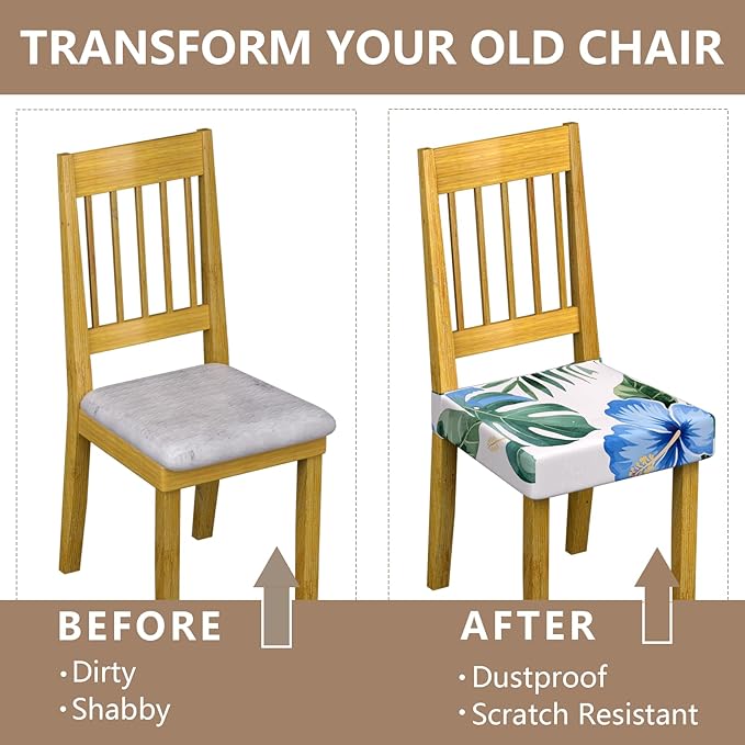 Stretch Dining Chair Seat Covers Set of 6,Dining Chair Slipcovers, Floral Printed Chair Covers,Soft Fabric Washable Upholstered Chair Seat Protector, No Rear Covers for Home Kitchen Dining Room
