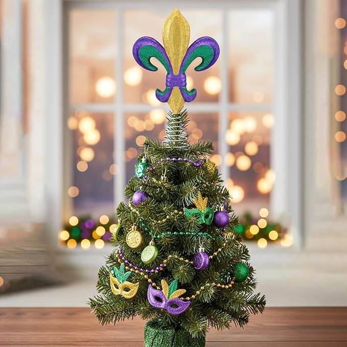 Gejoy 13 Inch Mardi Gras Tree Topper Glitter Purple Gold Green Tree Topper Fleur-de-lis Carnival Ornaments for Mardi Gras Carnival Party Holiday Decor Gifts