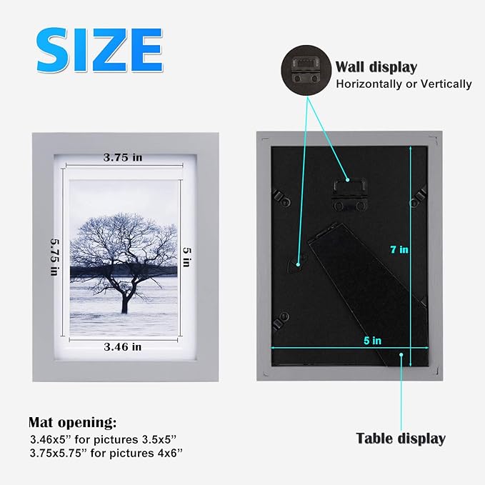 Egofine 5x7 Picture Frames Covered by Plexiglass, 4 Pack for Picture 4x6 with Mat or 5x7 whitout Mat Made of Solid Wood for Table Top Display and Wall Mounting Photo Frame, Light Gray
