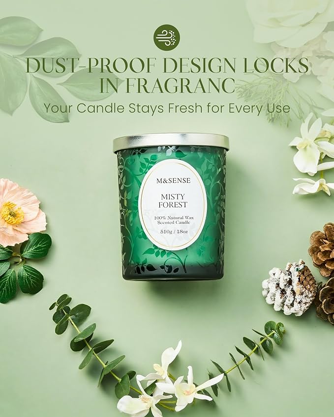 M&SENSE Misty Pine Forest Scented Candle, Wooden Wick Candle, 100 Hours Slow Burning No Toxin Natural Soy Wax 18oz, Relax Aromatherapy Fall Winter Home Fragrance, Housewarming Gifts for Men Women