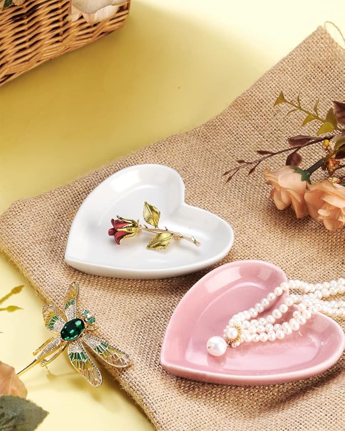Pink Heart Jewelry Tray, Engagement Wedding Ring Dish Earring Holder for Newlyweds, Sweet Gift for Women, Ceramic. NO ROSE.