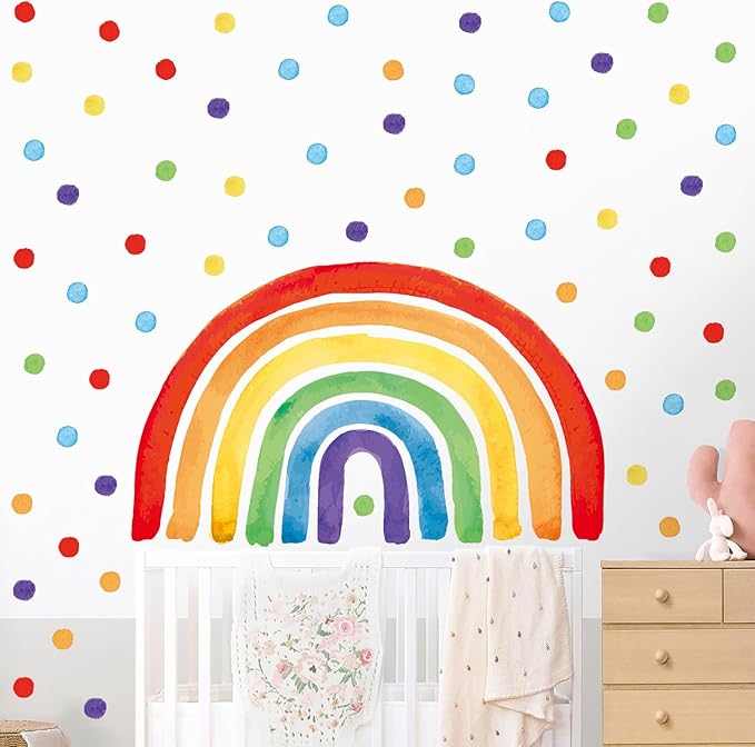 Large Rainbow Wall Decal, Peel and Stick Colourful Rainbows Wall Stickers, Multicolor Polka Dots Wall Decor, Vibrant Rainbow Decoration for Girls Bedroom Kids Nursery Classroom Playroom