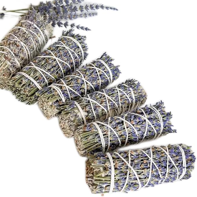 Natural White and Blue Sage Smudge Sticks with Lavender, 10 Pack Dried Herb Bundles for Aromatherapy, Meditation, 4 Inch Traditional Cotton String Wrapped Incense (Lavender+White sage)