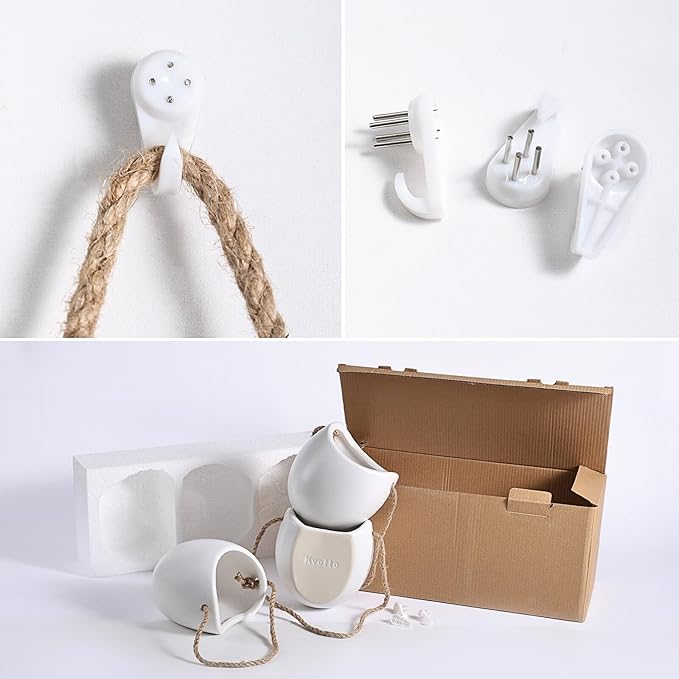 Set of 3 Ceramic Wall Planters with Hooks, Hanging Planter for Greenery and Dried Flowers, Home & Office Wall Decor