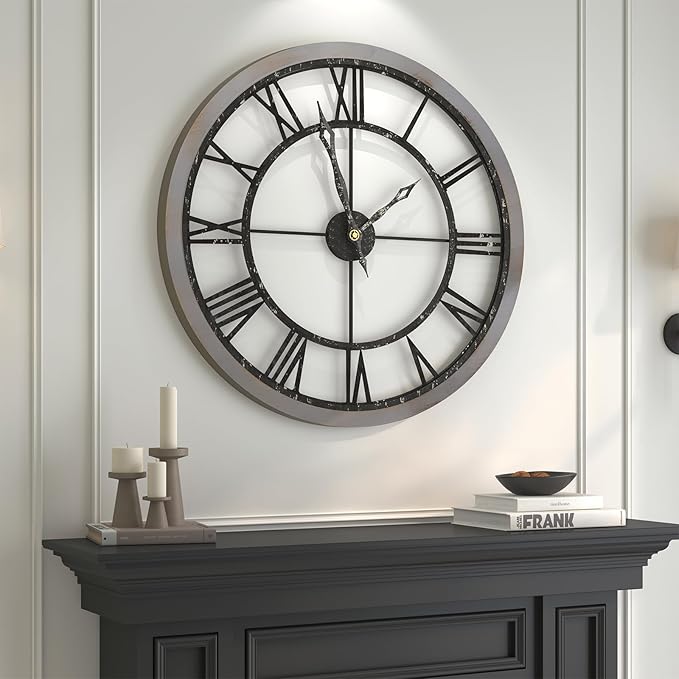 Cuspin Extra Large Wall Clock 36 Inch, Big Wood Metal Decorative Clocks for Living Room, Non-Ticking Silent Battery Operated Farmhouse Wall Clock Roman Numerals for Kitchen, Study, Office