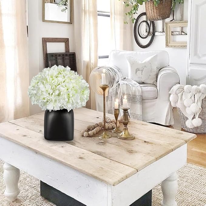 Briful Hydrangea Artificial Flowers White Silk Hydrangea Flowers in Deep Black Ceramic Vase Spring Flowers Arrangments Potted Fake Flowers for Home Decor Indoor Farmhouse Table Wedding Centrepiece