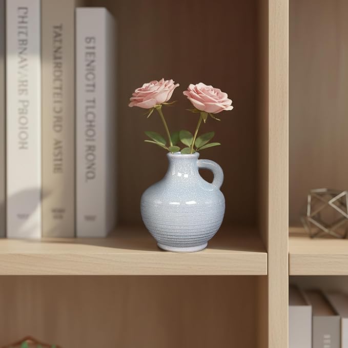 Sunddo Blue Ceramic Vases for Home Decor, 6 Inch Modern Decorative Vase with Handle, Small Flower Vase for Centerpiece, Entryway Living Room Dining Table Farmhouse Office Decor