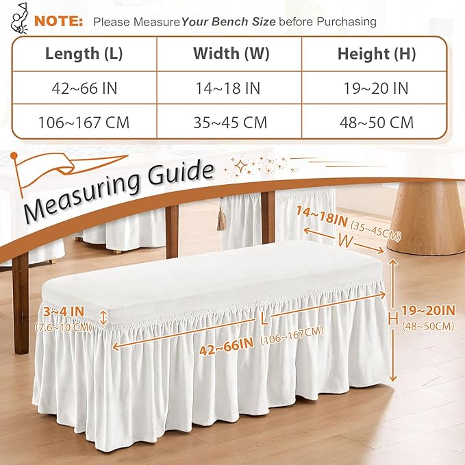 NICEEC Spandex Stretch Dining Bench Cover with Skirt Removable Bench Slipcover Rectangle Washable Bench Cushion Covers for Dining Room Living Room Bedroom Kitchen(White)