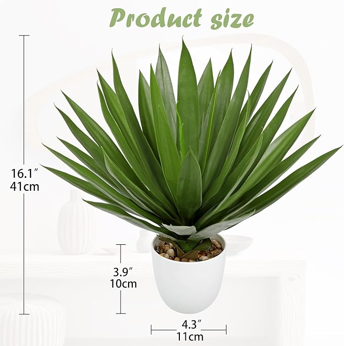 Fake Agave Plants 16 inch Tall Artificial Yucca Plants in White Pot Faux Agave Plant Realistic Fake Plant for Home Decor Office Table Living Room Desk Bathroom Dining Centerpieces Balcony Decor
