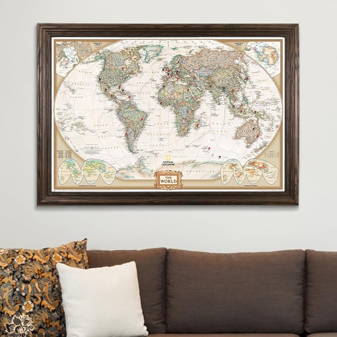 Canvas Executive World Map Pin Board – Framed Travel Map with Pins for Wall – Personalized Push Pin World Map for Tracking Journeys – 27.5" x 39.5" Solid Wood Brown Frame