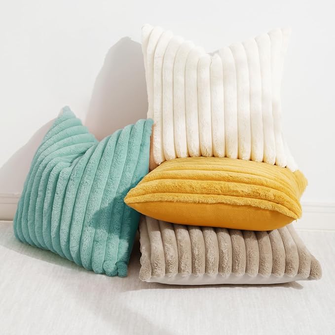 decorUhome Faux Fur Christmas Throw Pillow Covers 16x16 Set of 2, Decorative Soft Plush Striped Neutral Couch Euro Pillow Covers with Velvet Back for Sofa, Bed, Living Room Home Decor, Aqua