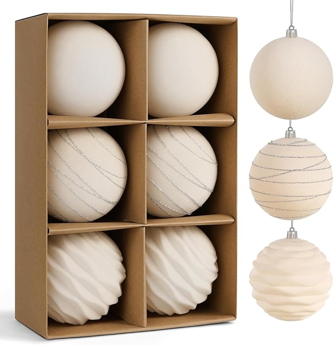 Artmag 6Pcs Velvet Christmas Ornaments Balls Sets for Christmas, Plastic Shatterproof Xmas Tree Flocked 3.94 inch Ornaments Balls for Winter Holiday Decor (Beige)