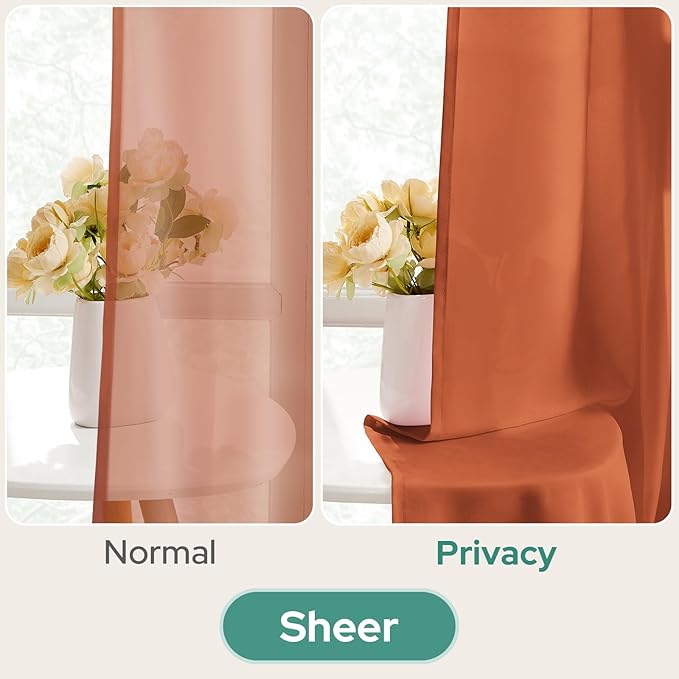 HOMEIDEAS Fall Burnt Orange Privacy Semi Sheer Curtains Non-See-Through 45 Inches Long 2 Panels Set Light Filtering Curtains for Living Room Bedroom Drapes,W52xL45