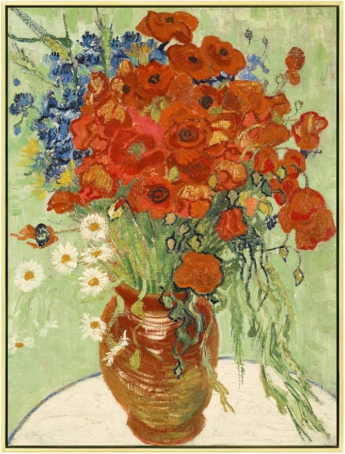 Wieco Art Gold Framed Art Red Poppies and Daisies Large Canvas Prints Wall Art of Van Gogh Famous Artwork Oil Paintings Reproduction Classical Flowers for Living Room Home Decor