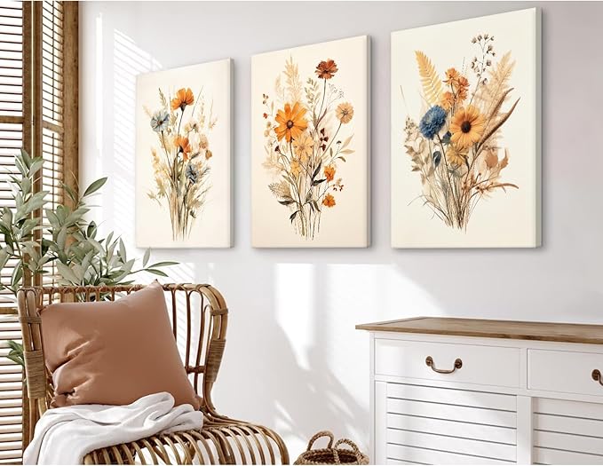 Botanical Floral Wall Art Set of 3 Vintage Wildflower Canvas Wall Decor Watercolor Rustic Farmhouse Wall Art Aesthetic Botanical Pictures Vintage Floral Prints for Bedroom 16x24 Inch Ready to Hang
