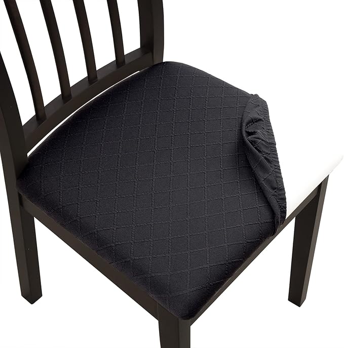 Fuloon Waterproof Seat Cushion Covers 6 PCS, Stretch Jacquard Chair Seat Covers Washable Dining Room Chair Slipcovers Removable Kitchen Cushion Protector (6, Waterproof-Black)