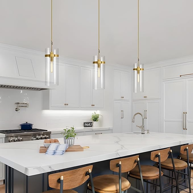 Modern Brass Large Glass Kitchen Island Pendant Light, 6'' Brass Clear Adjustable Island Pendant Lights,1 Light Indoor Pendant Light, for Kitchen Dining Bathroom