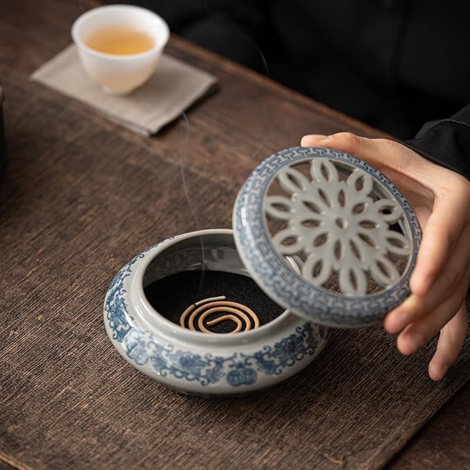Coil Incense Holder Blue and White Porcelain Incense Cone Burner Spherical Shape for Coil Incense and Incense Cone Set for Office Yoga and Livingroom Decor Home (Width-4.66)
