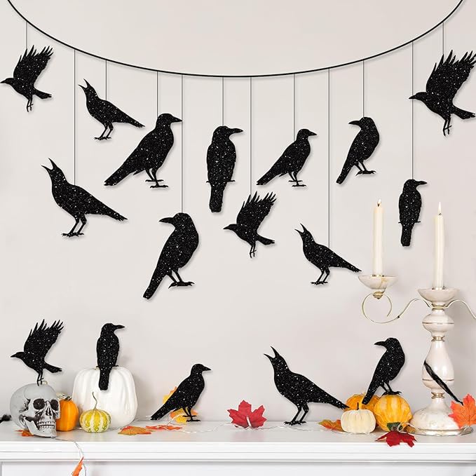 40pcs Glitter Black Crow Halloween Decorations Bird Raven Hanging Banners for Gothic Halloween Garland Backdrop Centerpiece Wall Cutouts for Horror Theme Birthday Wedding Yard Party Supplies