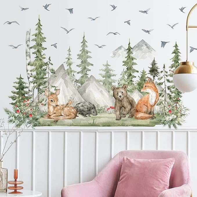 Amaonm 4 Sheet of 12x36 inch Giant Mountain Forest Tree Wall Decal Woodland Deer Bear Fox Birds Wall Stickers 3D DIY Peel and Stick Jungle Wild Animal Pine Wall Decor for Kids Boys Bedroom Playroom