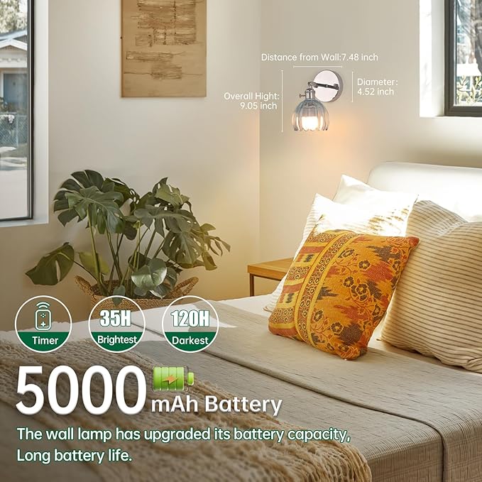 Vintage 5000 mAh Battery Operated Wall Sconce with Clear Light Blue Tulip Glass Lampshade Rechargeable Battery Powered Wall Light with Remote Control for Bedroom Doorway, Set of 2