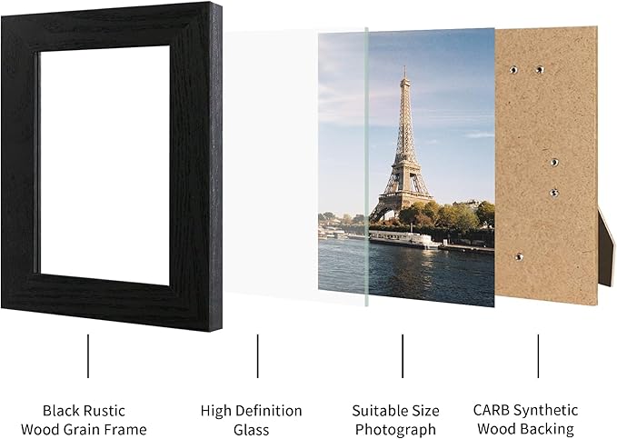 iRahmen 5x7 Picture Frame Set of 4, Black Wooden Frame with High Definition Glass, 5 x 7 Photo Frames for Tabletop Display and Wall Mounting
