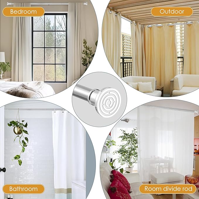 Silver Long Curtain Rod Tension Shower Curtain Rods 30 to 120 inch Adjustable Heavy Duty Rods for Bathroom Windows Outdoor Spliced Telescopic Design No Drill No Slip Stainless Steel