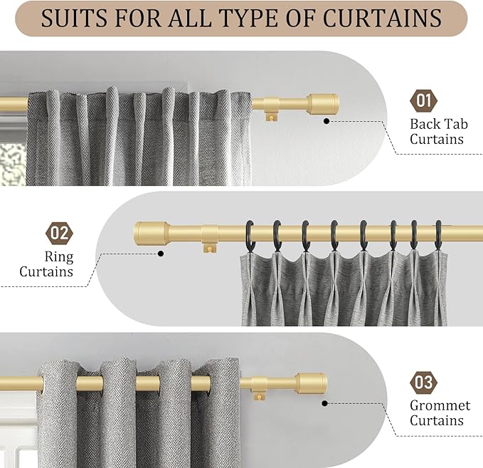 1” Diameter Gold Curtain Rods for Windows, 1 Pack 30-120 Inch Heavy Duty Window Rods, Long Adjustable Curtain Rod, Fits Most Standard Windows, Suitable for Bedroom, Living Room, Farmhouse