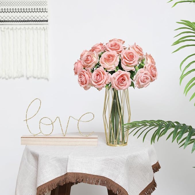 Nubry Artificial Silk Rose Flower Bouquet Lifelike Fake Rose for Wedding Home Party Decoration Event Gift 10pcs (Gradient Light Pink)