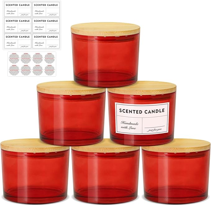 16oz Candle Jars 6 Pack, 3 Wick Christmas Red Glass Candle Jars with Bamboo Lids for Candle Making, Large Wide Mouth Empty Candle Container Bulk for 12/13/14/15oz Candles, Labels Included