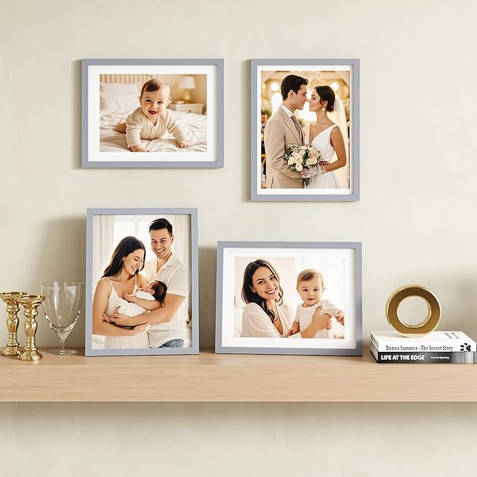 Egofine 12x16 Picture Frames with Plexiglass, Display Pictures 9x12/11x14 with Mat or 12x16 Without Mat Set of 4 for Wall Mounting,Light Grey