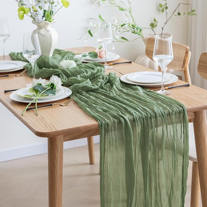Asee'm Cheesecloth Table Runner 120 Inches Sage Green Boho Gauze Cheese Cloth Runner 10FT Rustic Sheer Table Runners for Valentine's Day Wedding Baby Shower Holiday Party Decoration