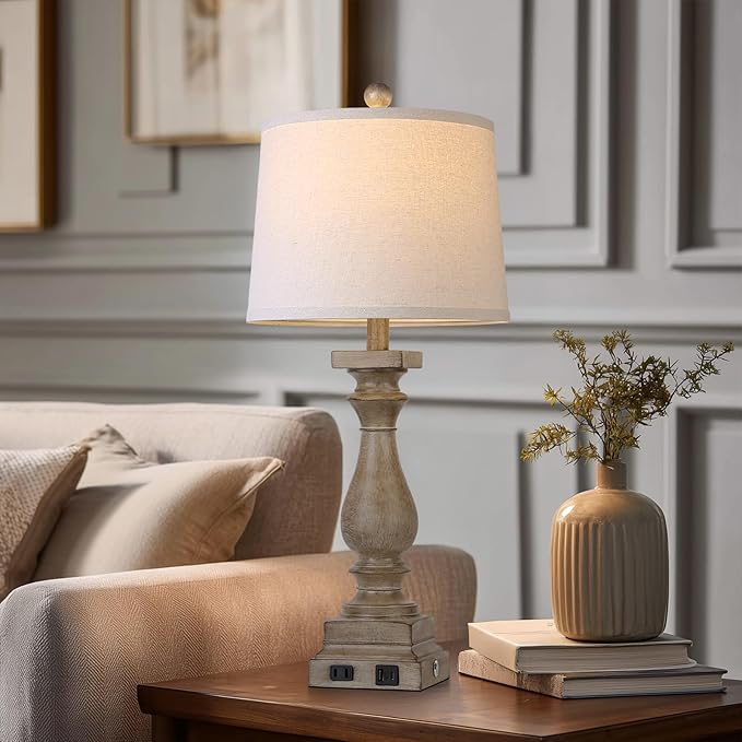 28" Tall Farmhouse Table Lamp with USB C+A Ports and AC Outlet, 3 Way Touch Control Rustic Bedside Lamp for Bedroom, Brown Vintage Nightstand Lamp for Living Room Office