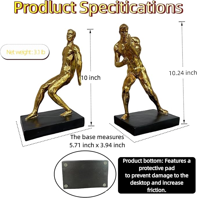Golden Abstract Man Bookends Set of 2 – Heavy Duty Resin Sculpture Book Stoppers, Decorative Modern Book Ends for Home Office Bookshelf Organizer
