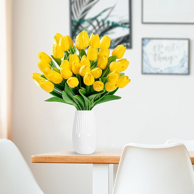 Sggvecsy 30 Pcs Fake Tulips Artificial Flowers Real Touch PU Faux Flowers Tulip Stems for Wedding Spring Bouquet Floral Arrangement Home Party Office Decorations for Mother's Day (Dark Yellow)