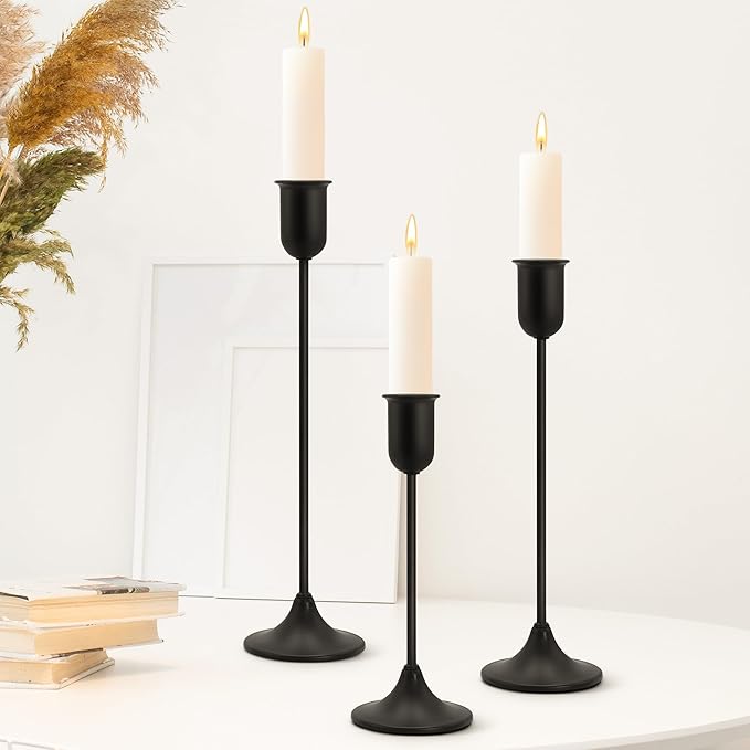 Candle Holder - 3 PCS Candlestick Holders - Vintage Candle Stick Holder - Modern Decorative Centerpiece - Cozy Atmosphere Gift for Home Decor, Wedding, Black Taper