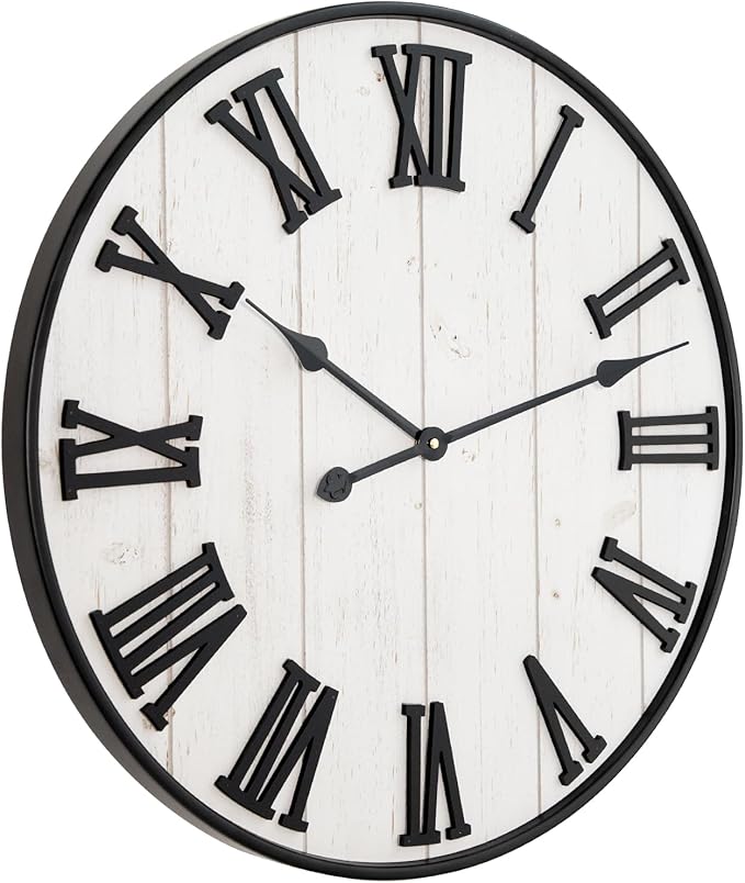 MODE HOME Large Rustic Wooden Wall Clock, 24 Inch Whitewashed Farmhouse Wall Clock with Carved Roman Numerals, Silent Battery Operated Round Vintage Clock for Living Room, Kitchen, Bedroom, Study Room