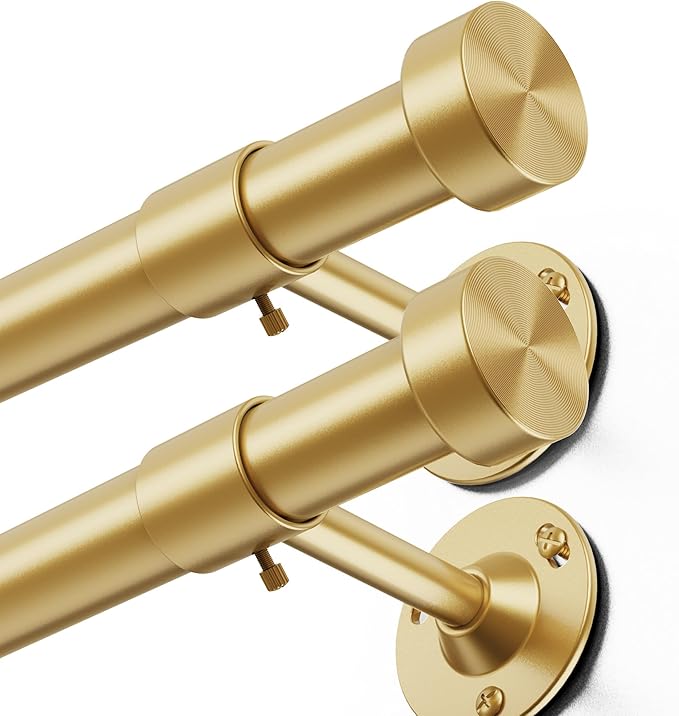 YaFex 2 Pack Heavy Duty Curtain Rods 32-60 Inch, 1 Inch Adjustable Curtain Rod for Windows, Gold Short Window Treatment Rods Set with Aluminium Finials, Modern Design