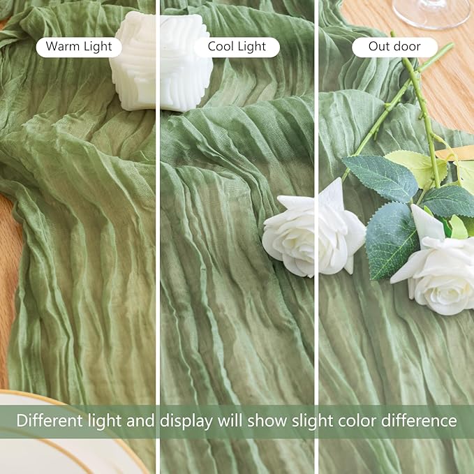 3PCS Table Runner Cheesecloth 10FT Sage Green Boho Gauze Cheese Cloth Rustic Sheer Table Runners for Wedding Bridal Baby Shower Party Decoration