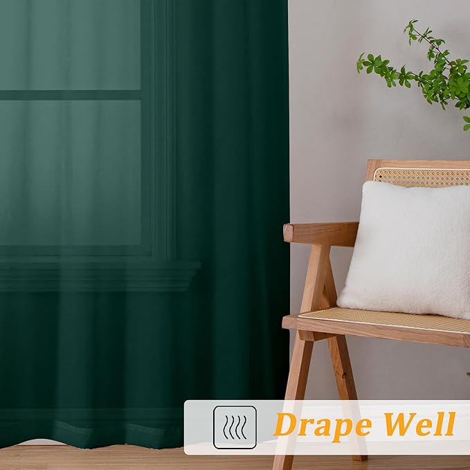 Gwine Hunter Green Valances for Windows, Small Light Filtering Rod Pocket Cafe Valance Curtains, Soft Sheer Curtain for Bathroom Laundry Basement, 42Wx14L inch, 2 Pieces
